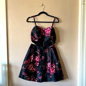 NWT A. Byer Floral Print Black Spaghetti Strap Waist Cut Out A Line Dress 9